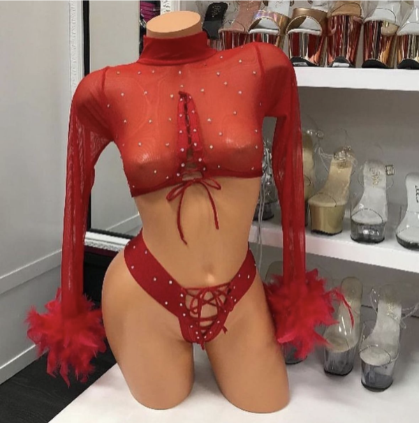 Red Feather Long Sleeve Lace Up 2pc - Image 3