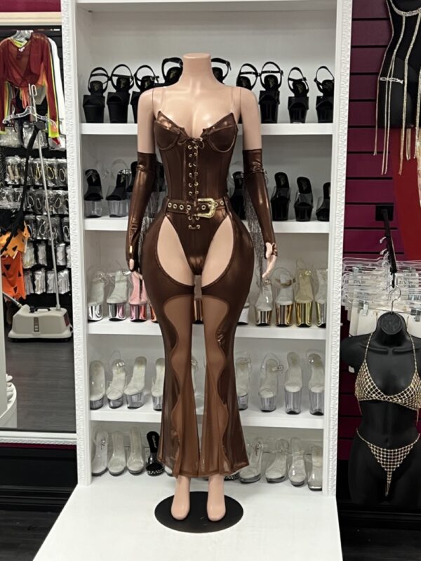 Brown Cowgirl Jumpsuit Costume with Chaps & Belt - Image 2