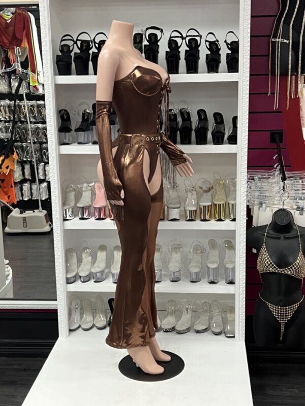 Brown Cowgirl Jumpsuit Costume with Chaps & Belt - Image 3