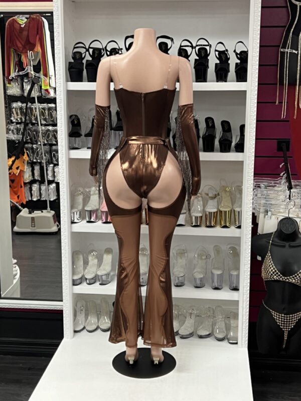 Brown Cowgirl Jumpsuit Costume with Chaps & Belt - Image 4