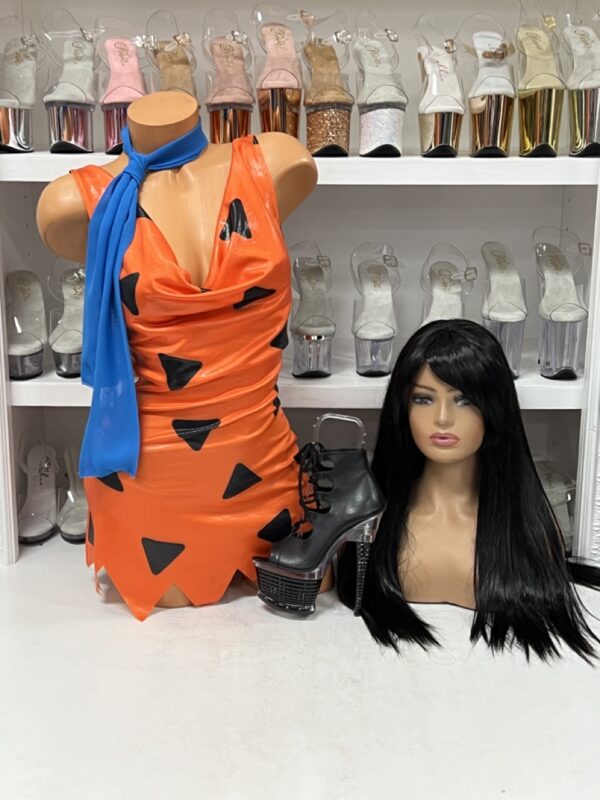 Orange stone age cavegirl costume with jagged hem and blue neck tie