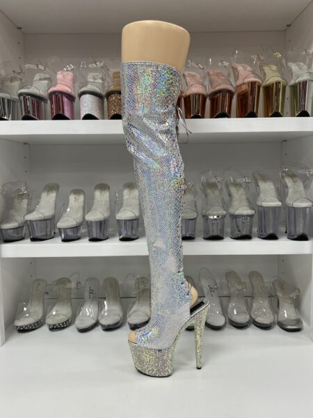 Silver Reptile 7" Thigh Highs with Rhinestone Platform