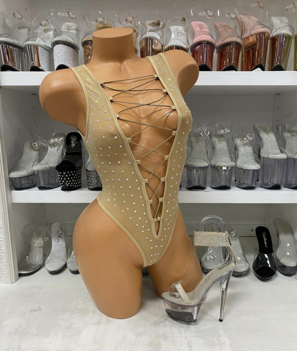 Mesh Rhinestone Lace Up Bodysuit - Image 17