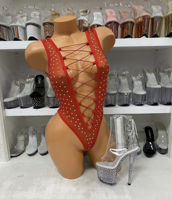 Mesh Rhinestone Lace Up Bodysuit - Image 9