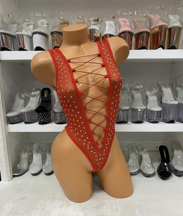 Mesh Rhinestone Lace Up Bodysuit - Image 10