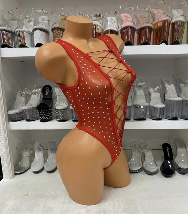 Mesh Rhinestone Lace Up Bodysuit - Image 11