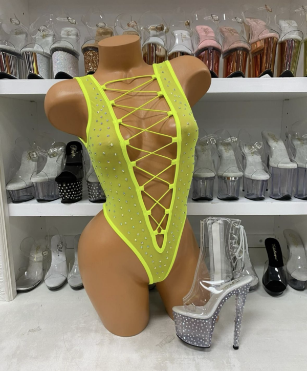 Mesh Rhinestone Lace Up Bodysuit - Image 13