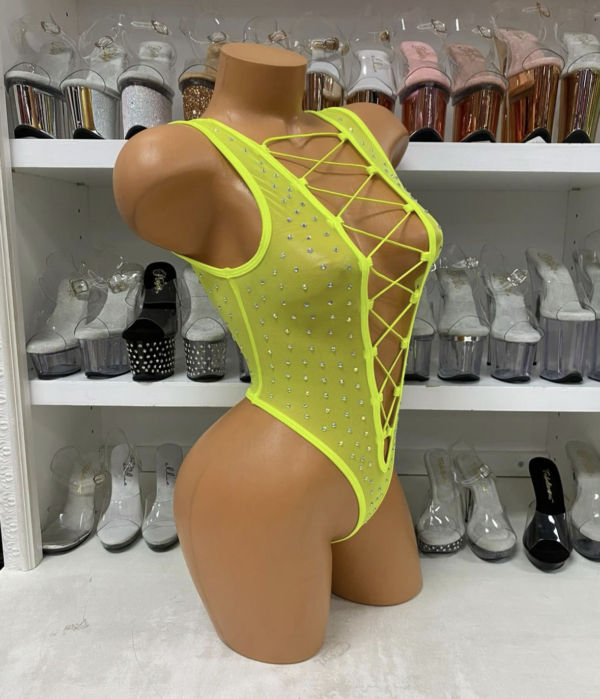 Mesh Rhinestone Lace Up Bodysuit - Image 15