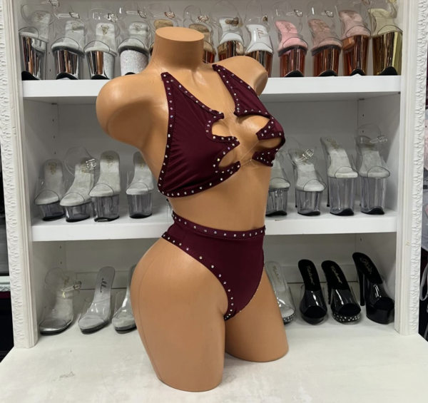 Rhinestone Burgundy Halter Top with Fishline and High Waist Bottoms - Image 4
