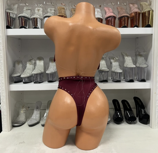 Rhinestone Burgundy Halter Top with Fishline and High Waist Bottoms - Image 5