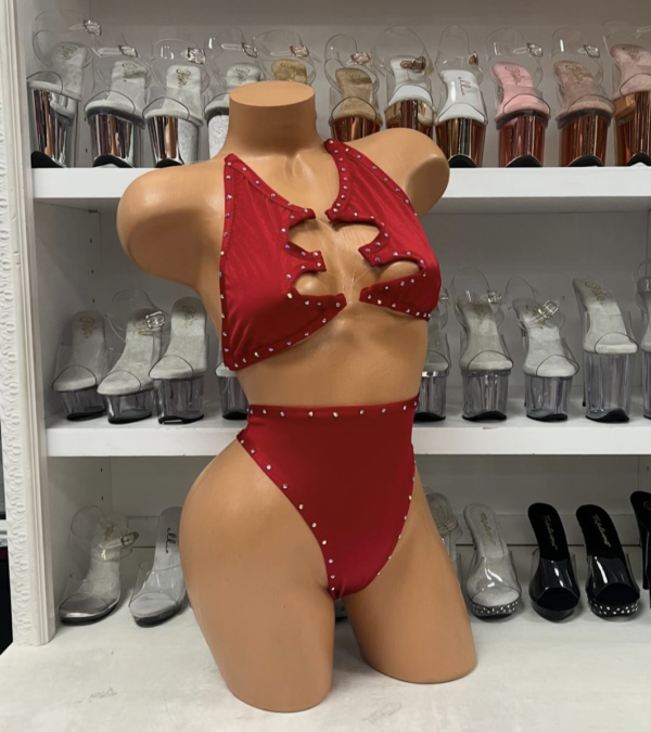 Rhinestone Red Halter Top with Fishline and High Waist Bottoms - Image 3