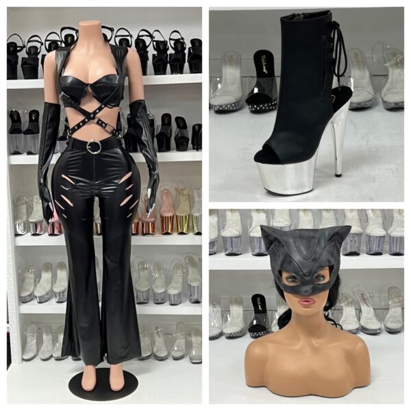 Black cat costume On The Prowl with faux leather bra top, distressed flare pants, gloves, and cat ear mask from PZHouston