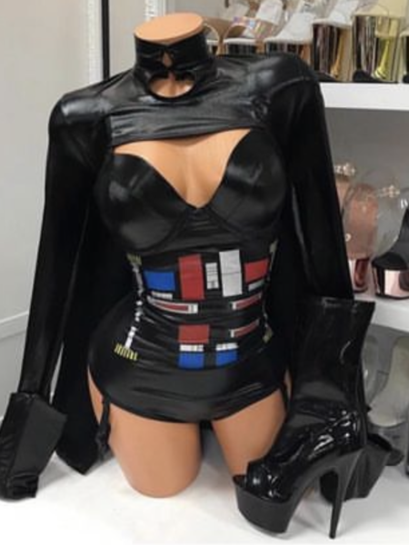 Ruthless Galactic Empress costume with black cape, futuristic corset, and sleek fit