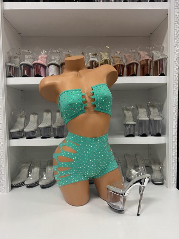 Mint rhinestone star print cut-out top and shorts set with strappy details