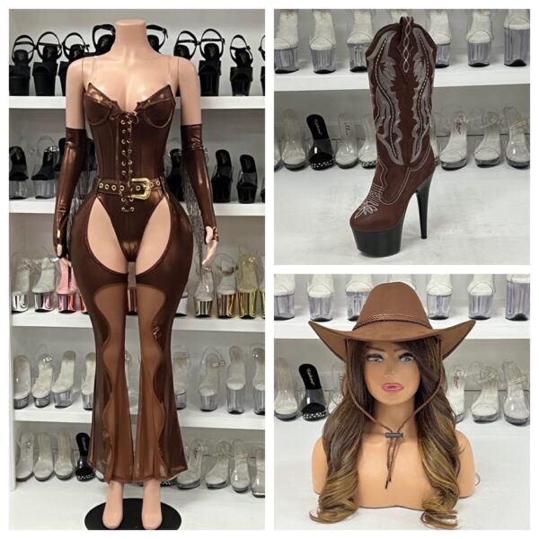 brown cowgirl jumpsuit costume with chaps, belt and gloves displayed on mannequin