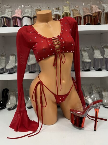 Red Bell Sleeve Rhinestone Two Piece