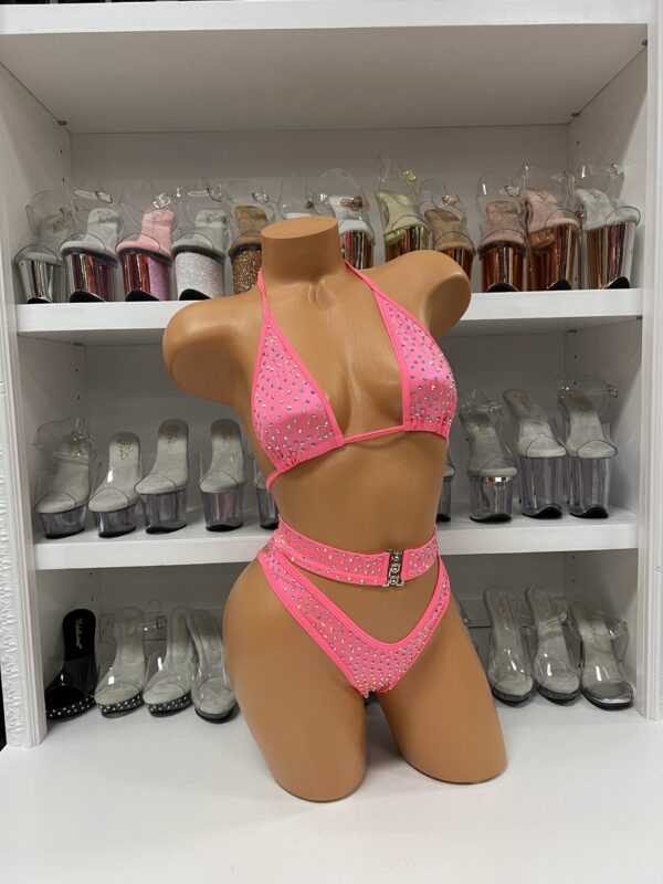 Salmon 2pc Solid Rhinestone High Waist With Buckle - Image 3