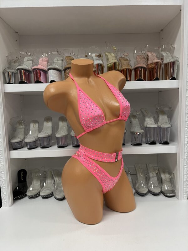 Salmon 2pc Solid Rhinestone High Waist With Buckle - Image 4