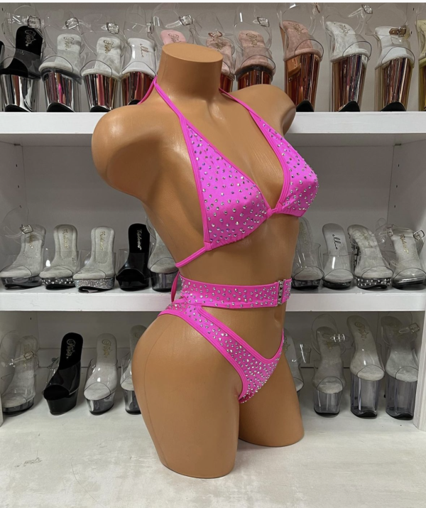 Hot Pink 2pc Solid Rhinestone High Waist With Buckle - Image 4