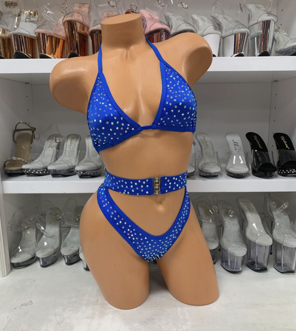 Royal Blue 2pc Solid Rhinestone High Waist With Buckle - Image 3