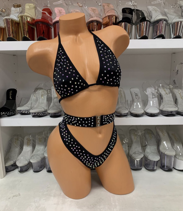 Black 2pc Solid Rhinestone High Waist With Buckle - Image 3
