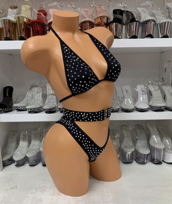 Black 2pc Solid Rhinestone High Waist With Buckle - Image 4
