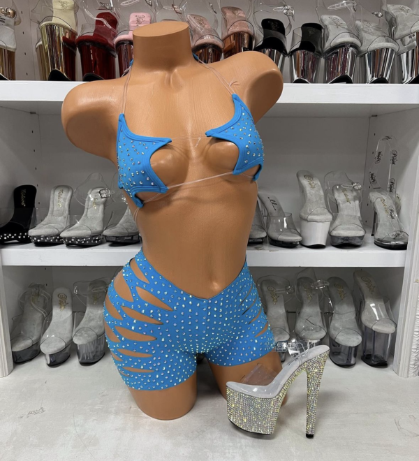 Starlight Rhinestone Cut-Out Set - Turquoise Two Piece Outfit - Image 2