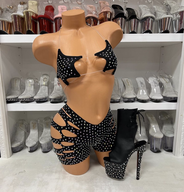 Black rhinestone star print cut-out top and shorts set with strappy details