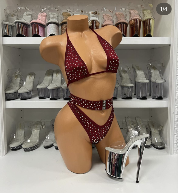 Maroon 2pc Solid Rhinestone High Waist With Buckle - Image 2