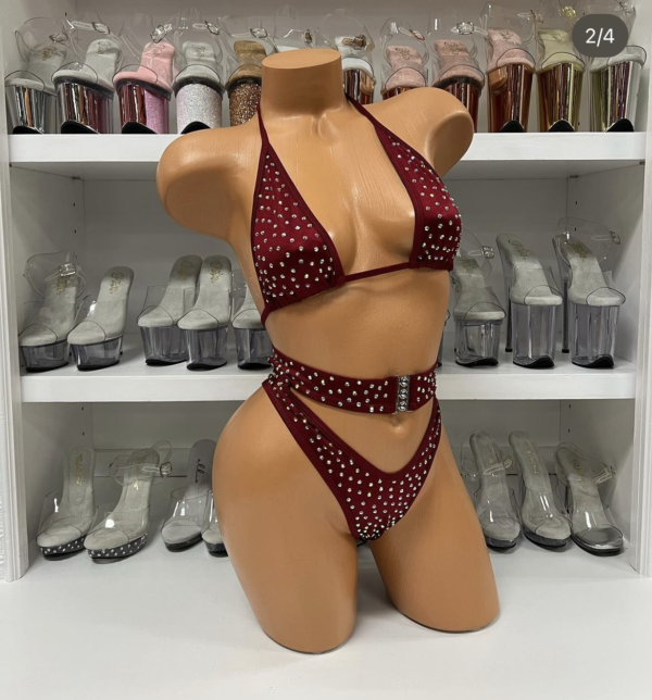 Maroon 2pc Solid Rhinestone High Waist With Buckle - Image 3