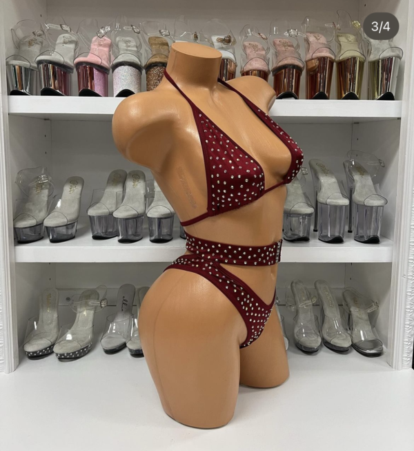 Maroon 2pc Solid Rhinestone High Waist With Buckle - Image 4