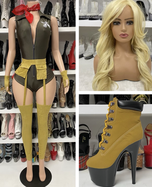 Sexy plumber costume with olive green romper and yellow tool belt