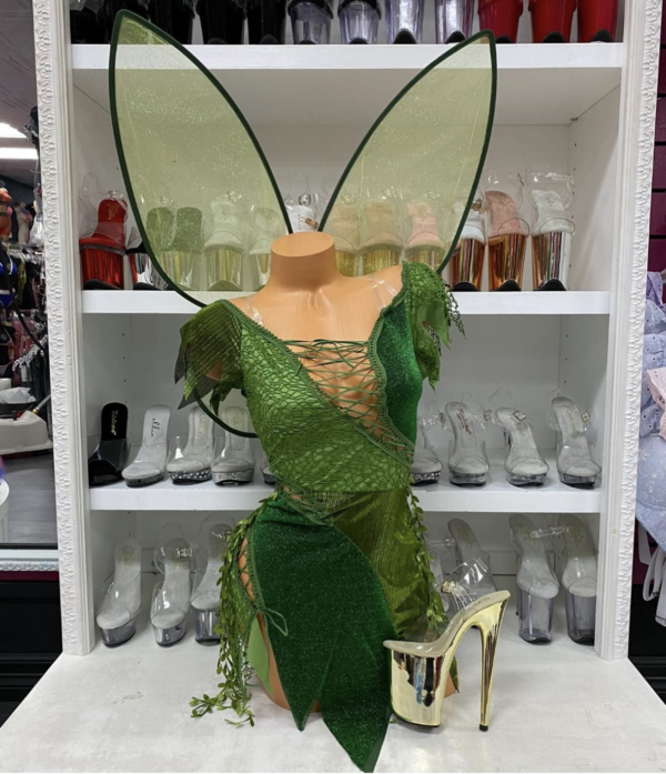 Green patchwork fairy dress with leaf accents and shimmer wings