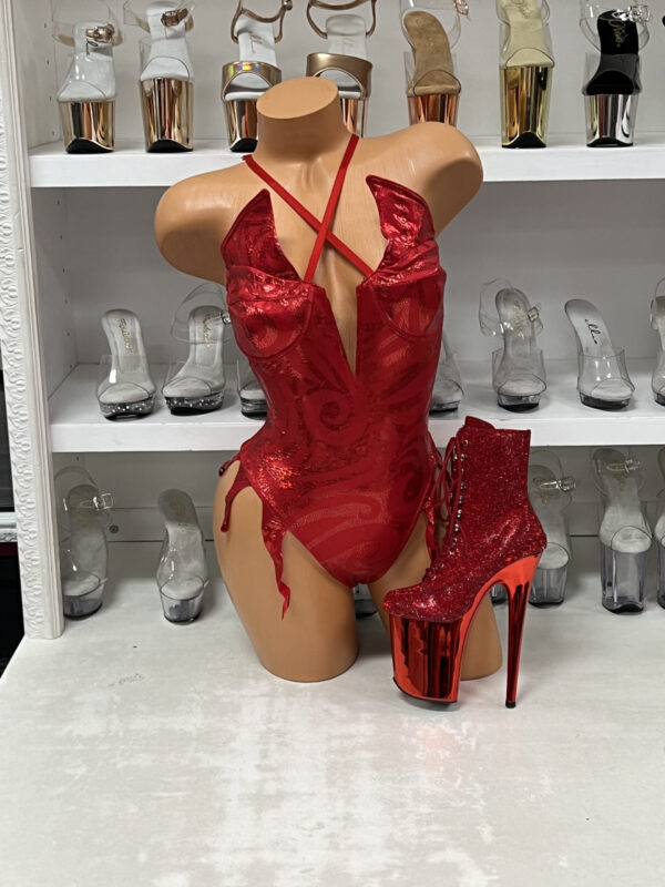 Red Devil Bodysuit – Metallic Costume with Gloves and Horns - Image 2