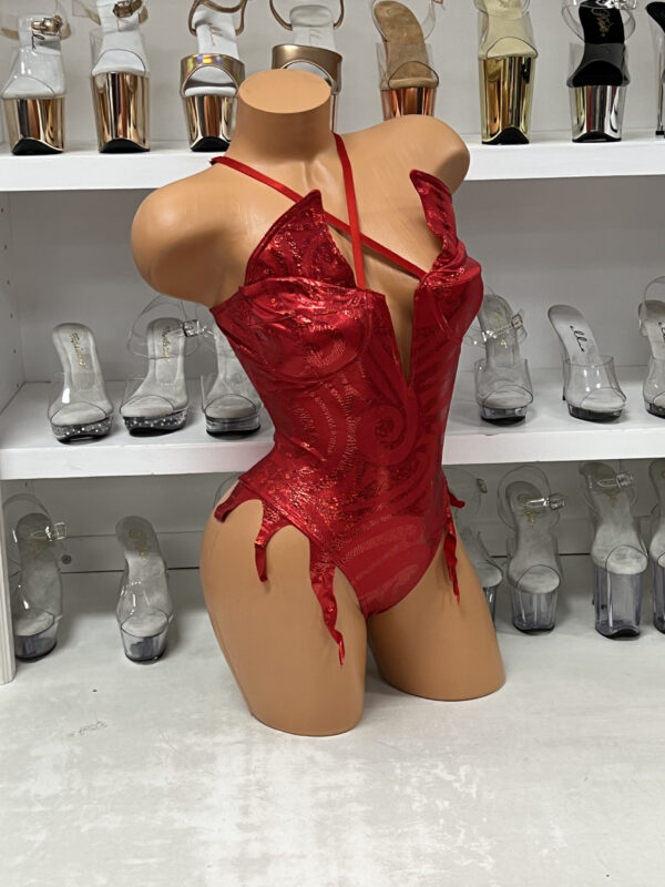 Red Devil Bodysuit – Metallic Costume with Gloves and Horns - Image 4