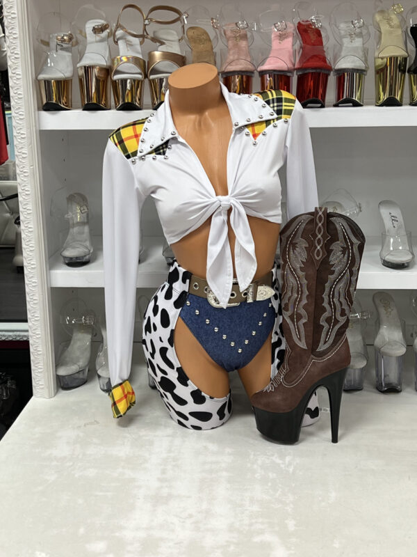 Cow Print Cowgirl Costume Set with Denim Bottoms & Belt - Image 2