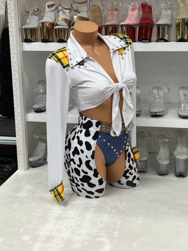 Cow Print Cowgirl Costume Set with Denim Bottoms & Belt - Image 4
