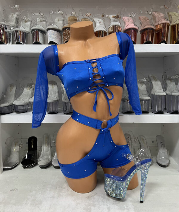 blue rhinestone short set clubwear