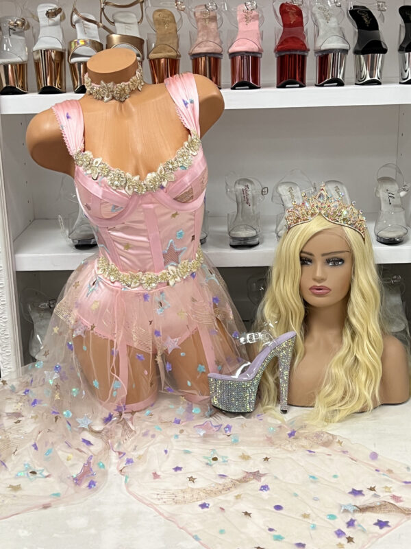 Pink celestial mesh dress with gold embroidery, built-in teddy, and adjustable garters with star confetti