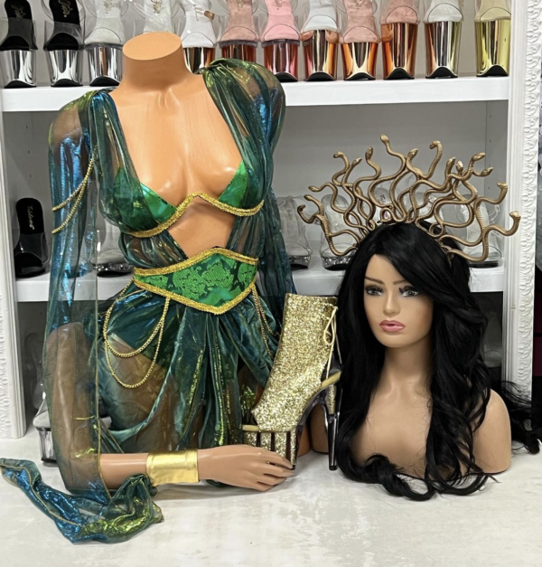 Green iridescent Sultry Medusa bodysuit with snake cuffs and serpent headpiece