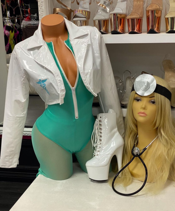 Teal bodysuit with white vinyl lab coat and medical accessories for doctor costume
