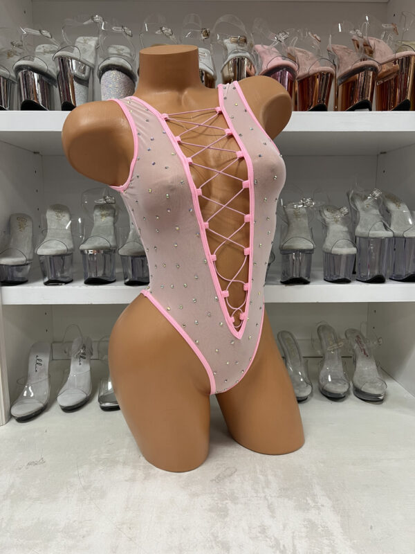 Mesh Rhinestone Lace Up Bodysuit - Image 2