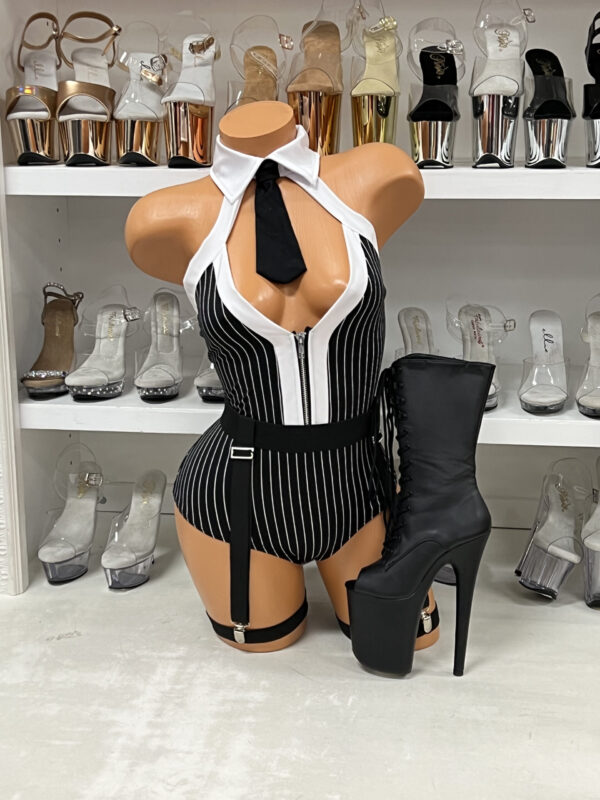 Black pinstripe badass gangster girl romper costume with white collar, tie, and garter belt