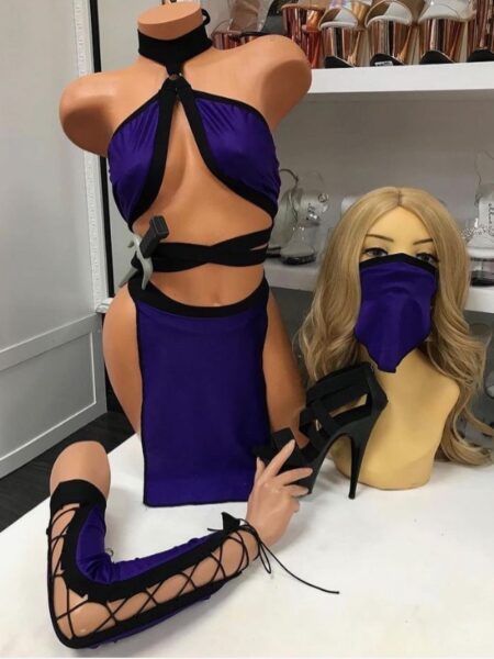 Dark purple and black ninja costume with halter top, face mask, and wrap accessories for performers