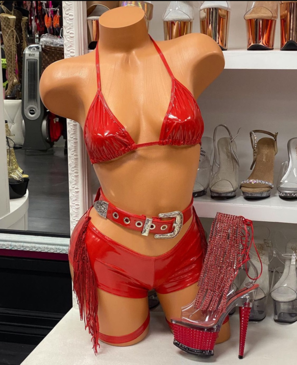 Red Cowgirl Fringe Set Costume with Belt & Gloves - Image 2