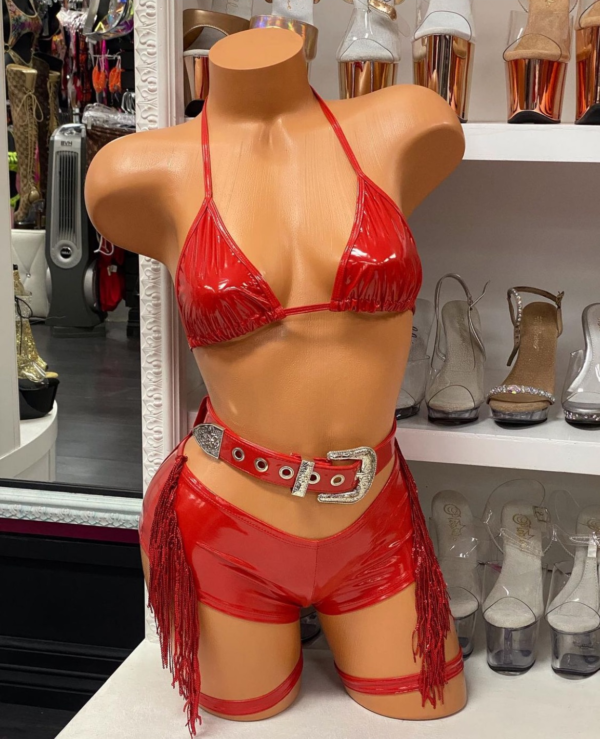 Red Cowgirl Fringe Set Costume with Belt & Gloves - Image 3