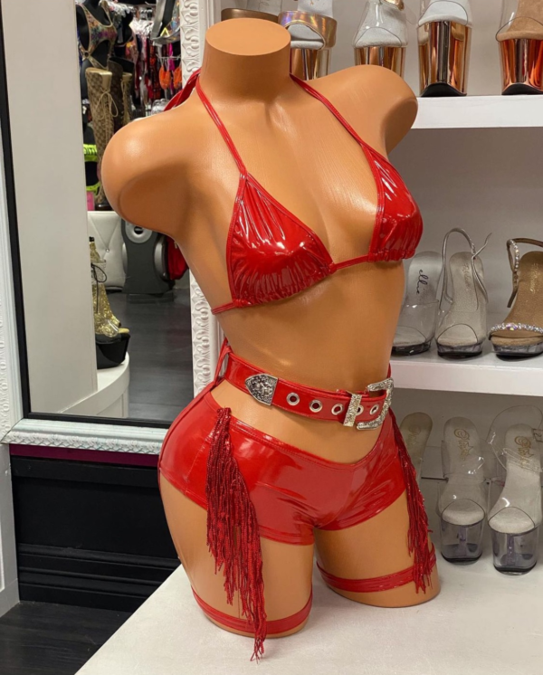 Red Cowgirl Fringe Set Costume with Belt & Gloves - Image 4