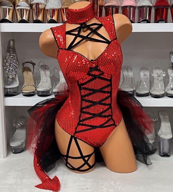 Red Sequin Devil Costume with Pentagram Detail & Tutu - Image 3