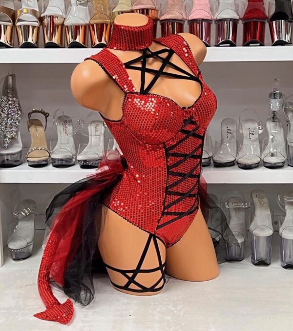 Red Sequin Devil Costume with Pentagram Detail & Tutu - Image 4