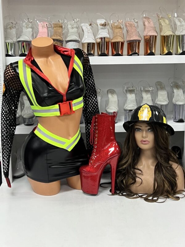 Black firefighter costume with neon safety stripes and mesh sleeve details